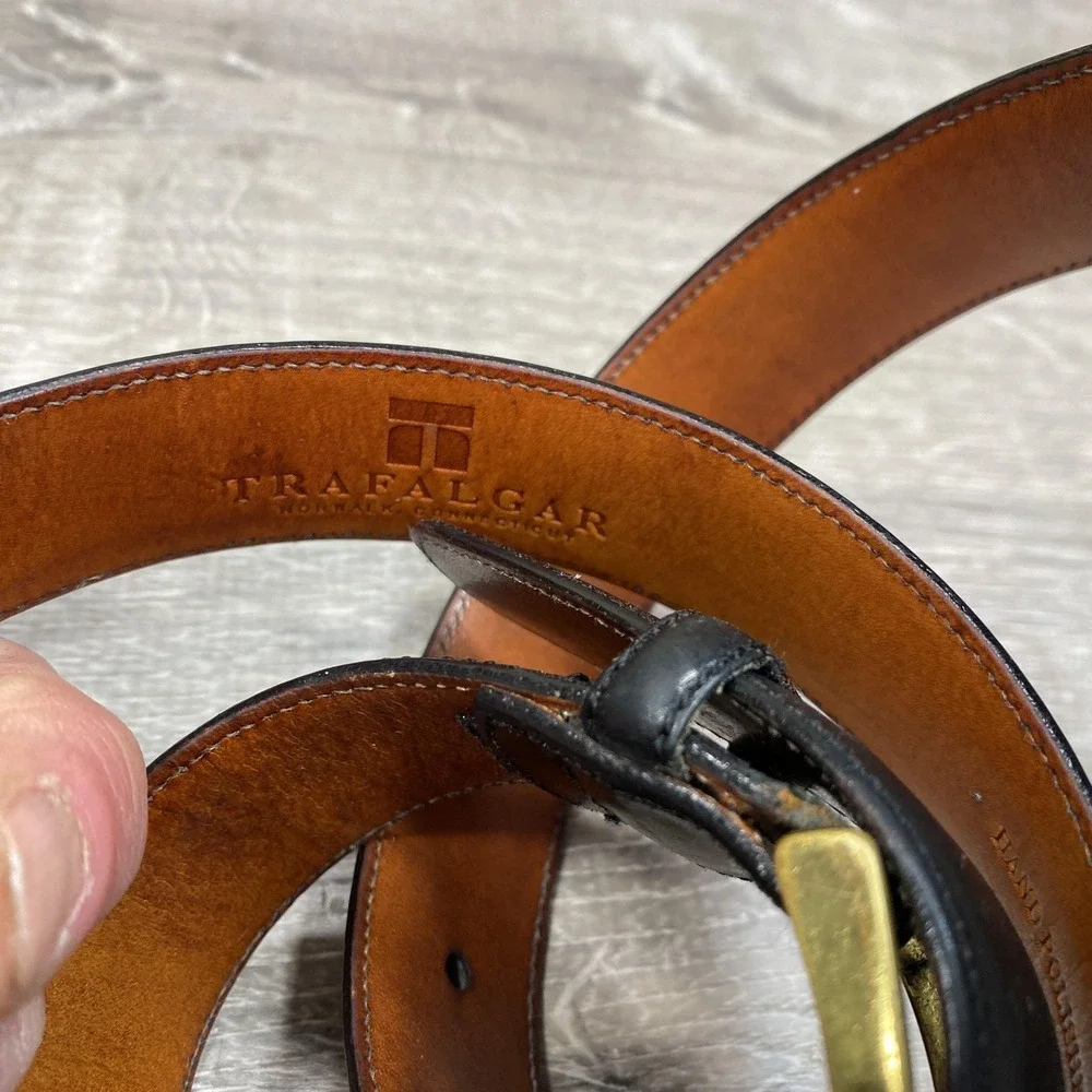 Trafalgar‎ Belt Mens 38 Black Leather Brass Buckle Hand Polished Dress Classic